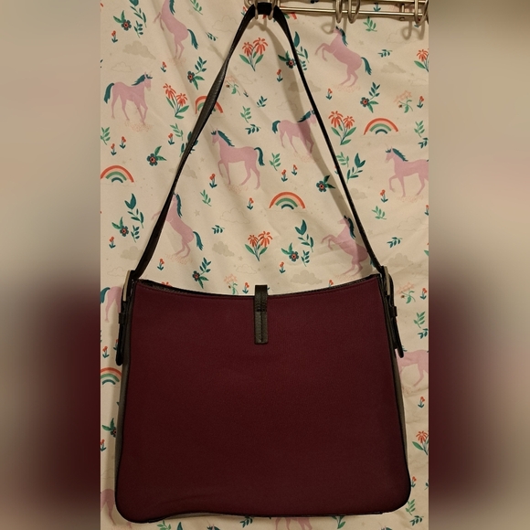 EUC Lamarthe Burgundy Cotton & Black Italian Leather Casual Shoulder Purse Bag - Picture 3 of 16